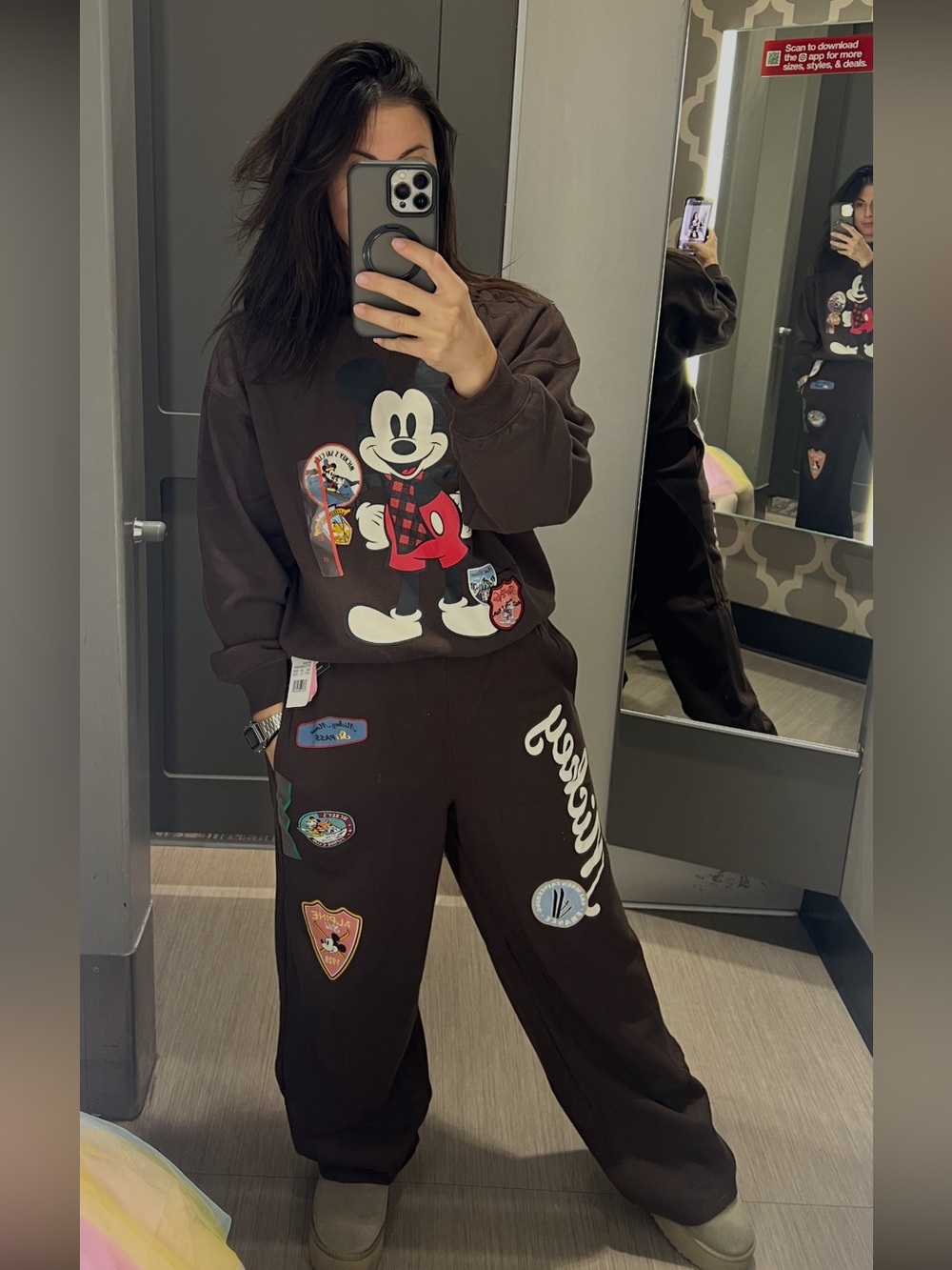 Disney Brown Mickey Mouse Graphic Sweatshirt with Red Accents
